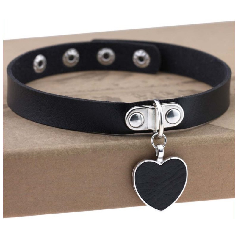 Joy Jewels Punk Goth Heart Pendant Necklace Leather Collar BLACK
